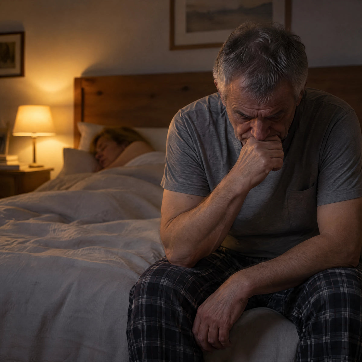 Homme assis au bord du lit la nuit, inquiet