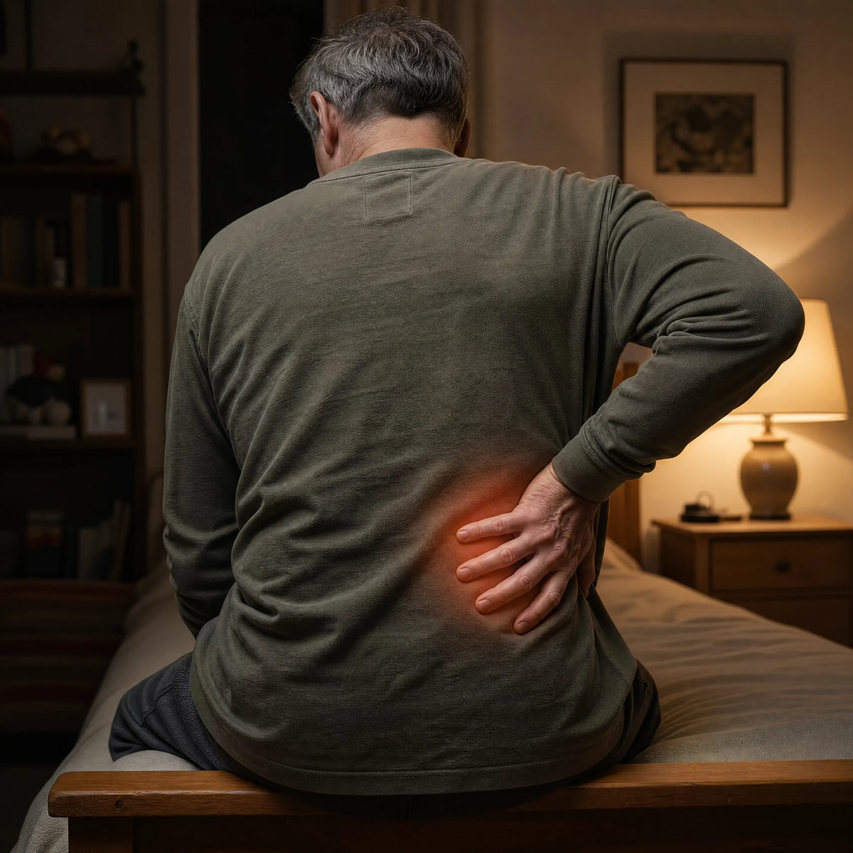 Homme assis au bord du lit, main sur le bas du dos