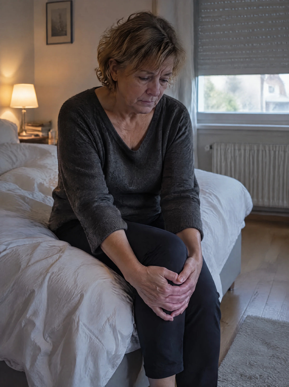 Femme assise au bord du lit, les mains sur le genou