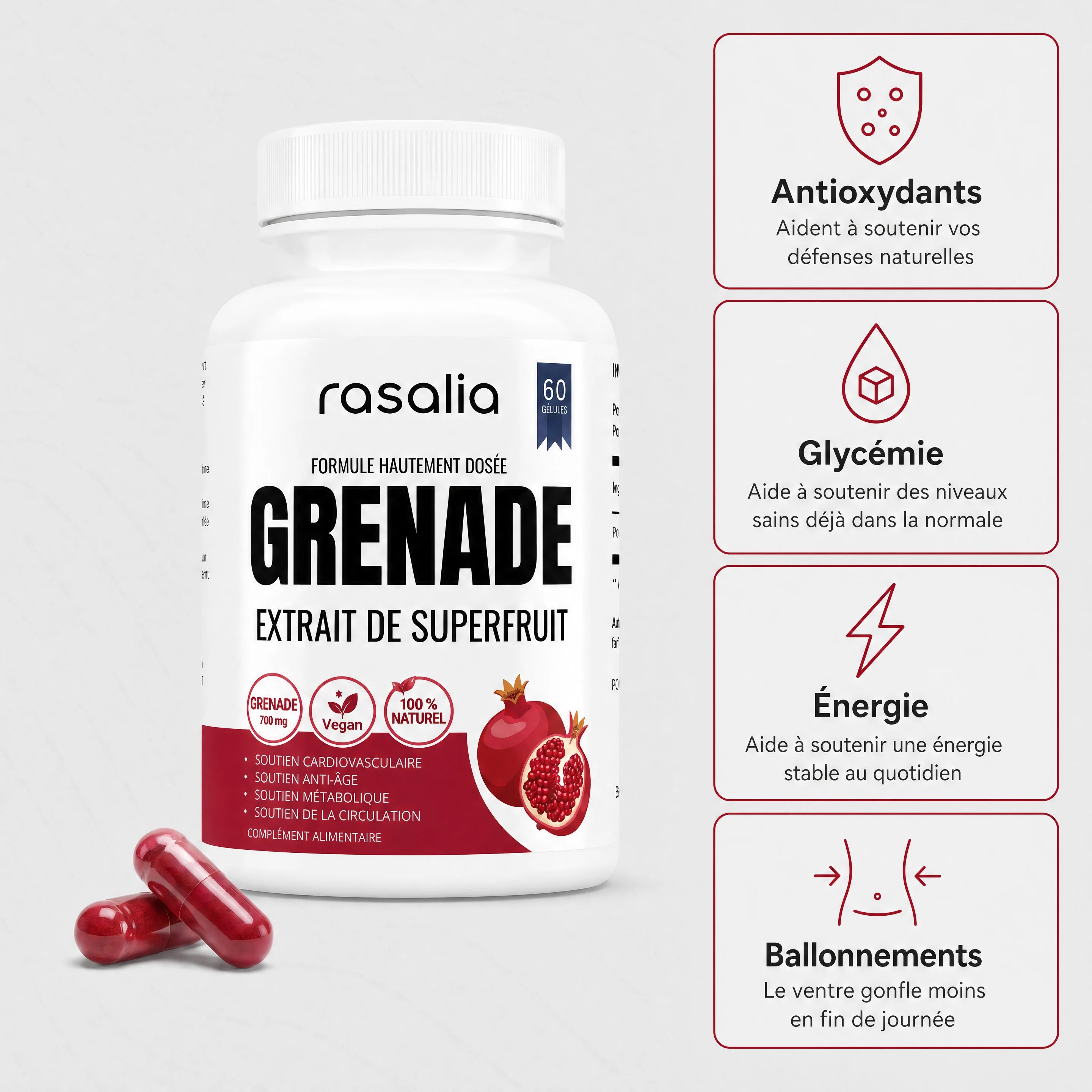 Flacon de gélules de grenade Rasalia et ses quatre bénéfices