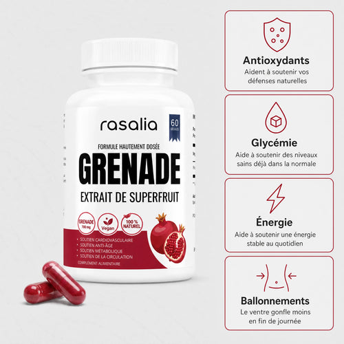 Flacon de gélules de grenade Rasalia et ses quatre bénéfices