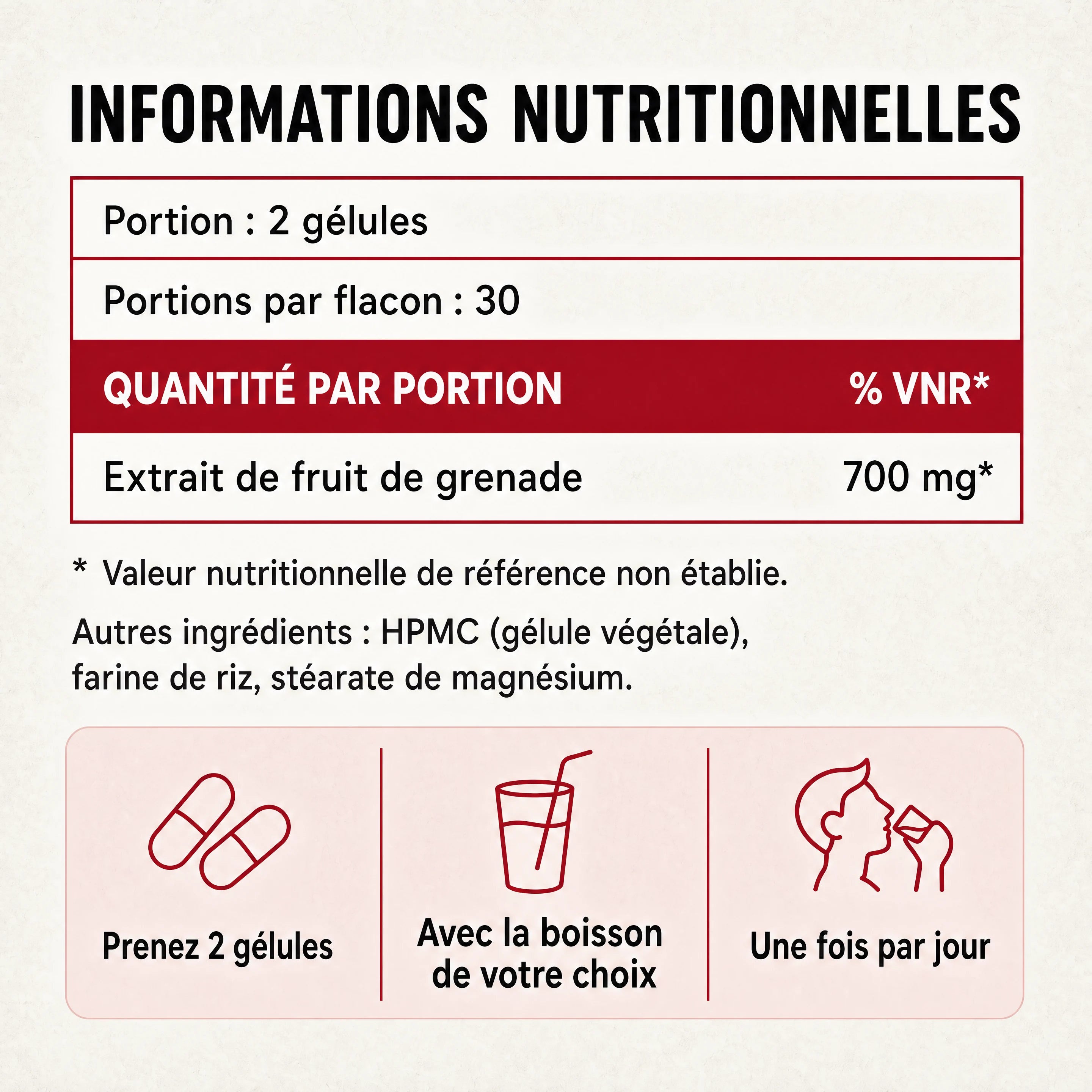 Informations nutritionnelles des gélules de grenade Rasalia