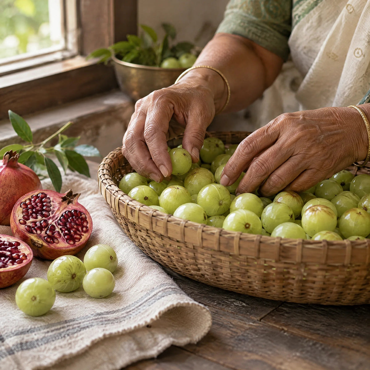Mains qui trient des fruits d'amla frais dans un panier, à côté de grenades ouvertes