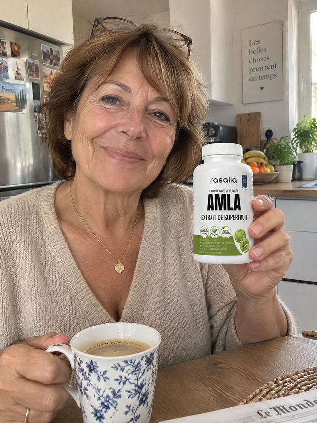 Une femme dans sa cuisine le matin, une boîte d'amla Rasalia à côté de son café