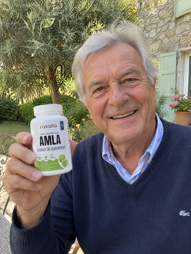 Un homme dans son jardin, une boîte d'amla Rasalia à la main