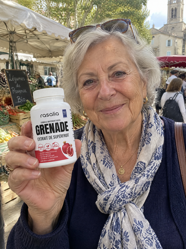 Une femme au marché, une boîte de grenade Rasalia à la main
