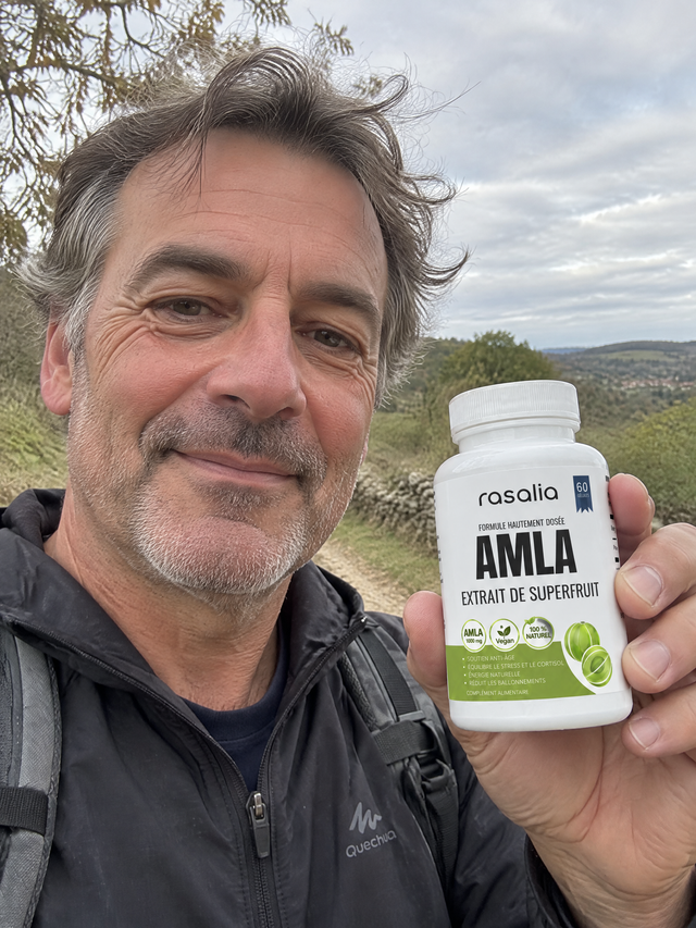 Un homme après une marche à la campagne, une boîte d'amla Rasalia à la main