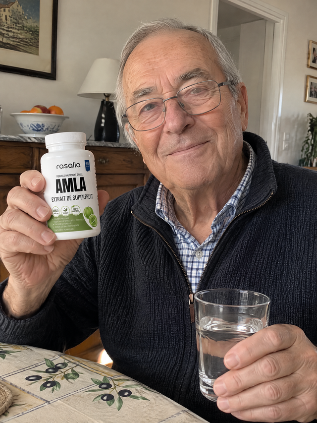 Un homme à sa table avec une boîte d'amla Rasalia et un verre d'eau