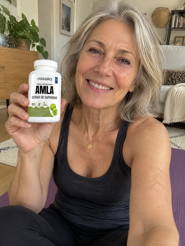 Une femme assise sur un tapis de yoga, une boîte d'amla Rasalia à la main