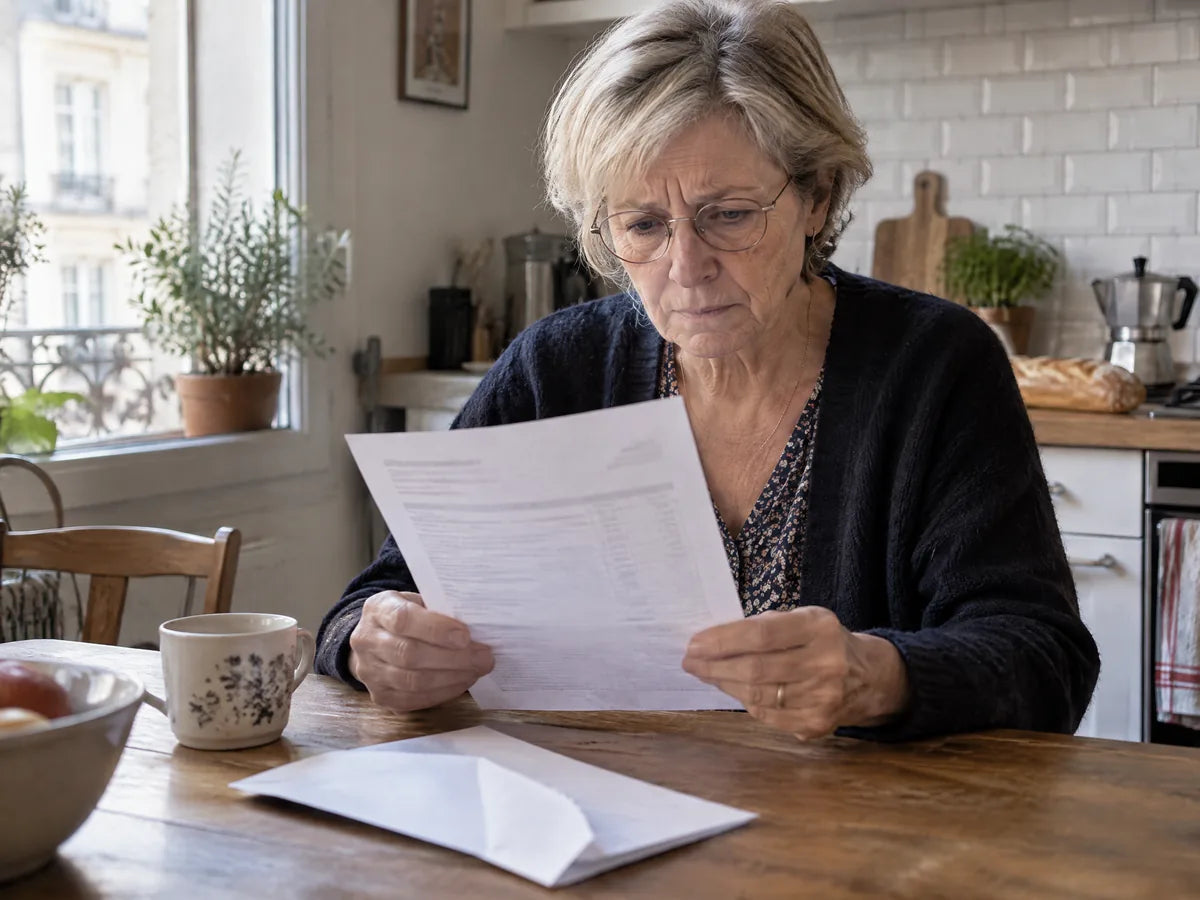 Une femme inquiète découvre ses résultats d'analyse de cholestérol dans sa cuisine