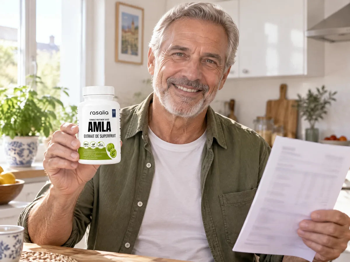 Un homme tient le flacon Rasalia et ses résultats d'analyse