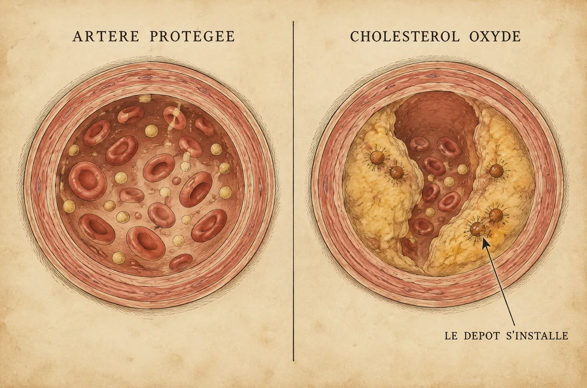 Planche : une artère protégée et une artère où le cholestérol oxydé se dépose