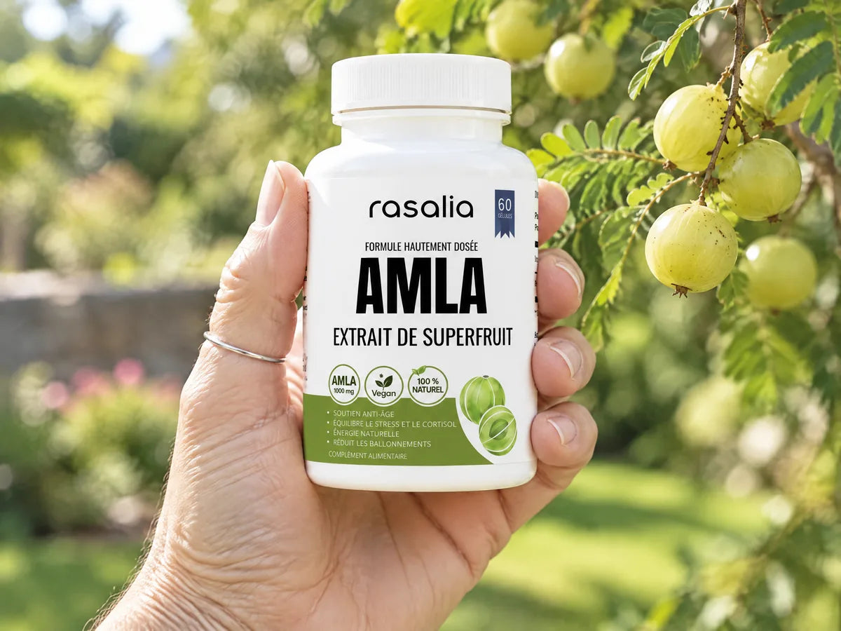 Le flacon Rasalia tenu en main, entouré de fruits d'amla