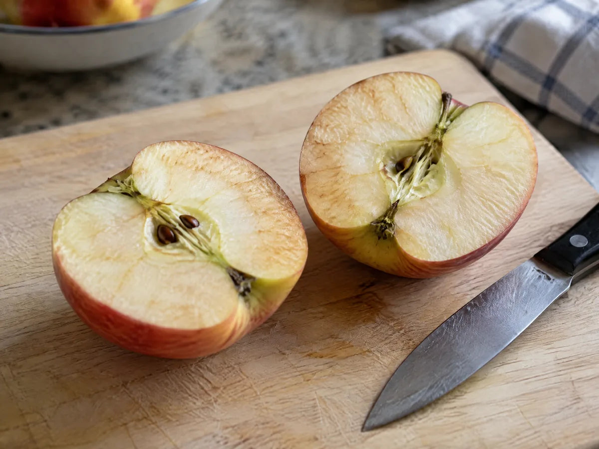 Une pomme coupée qui brunit à l'air, l'image de l'oxydation